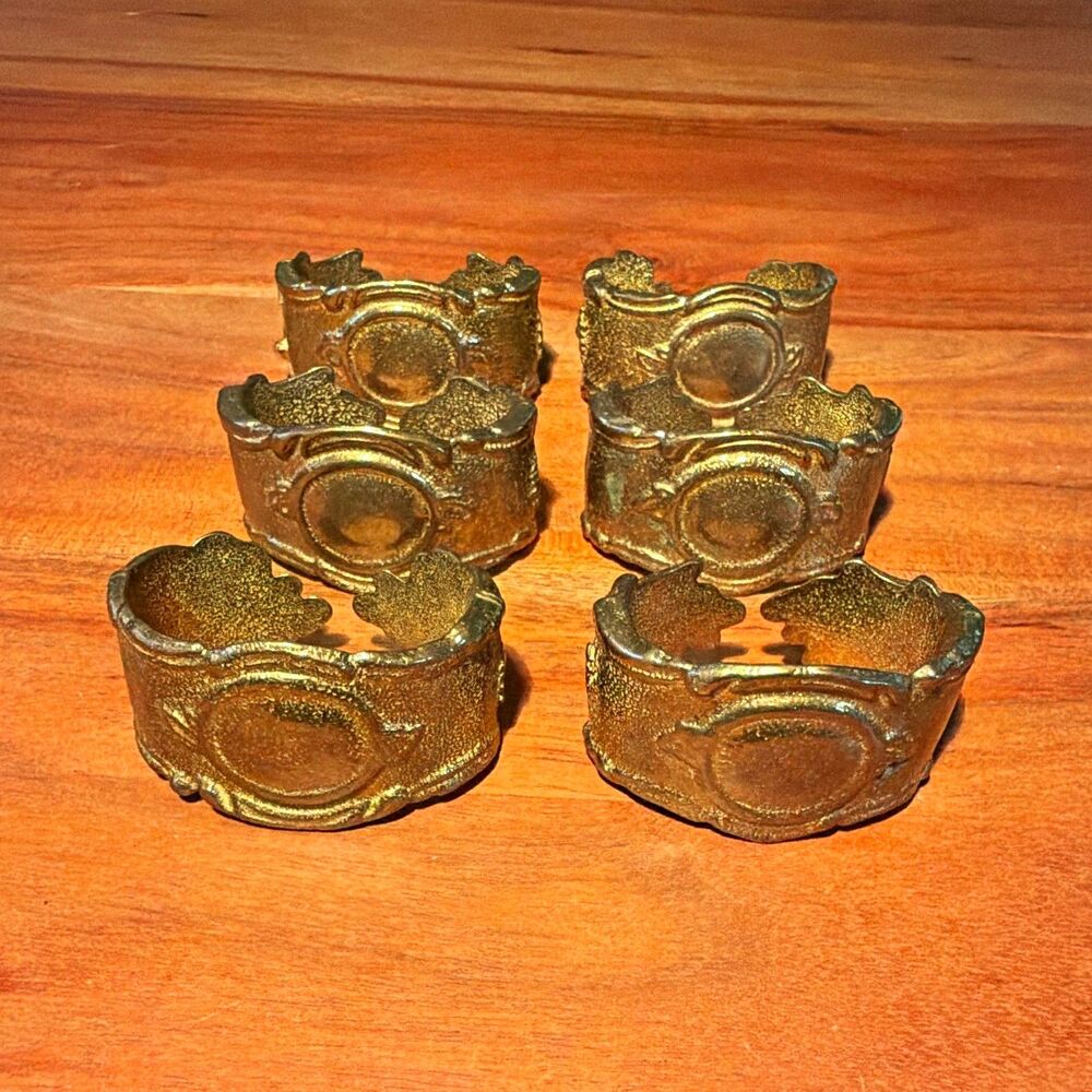 Set of 6 Vintage Brass Metal Hand Napkin Rings Decorative Textured Design